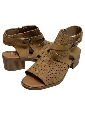 Justice Girls Tan Faux Suede Open Toe Block Heel Sandals Size 8 Kids Shoes